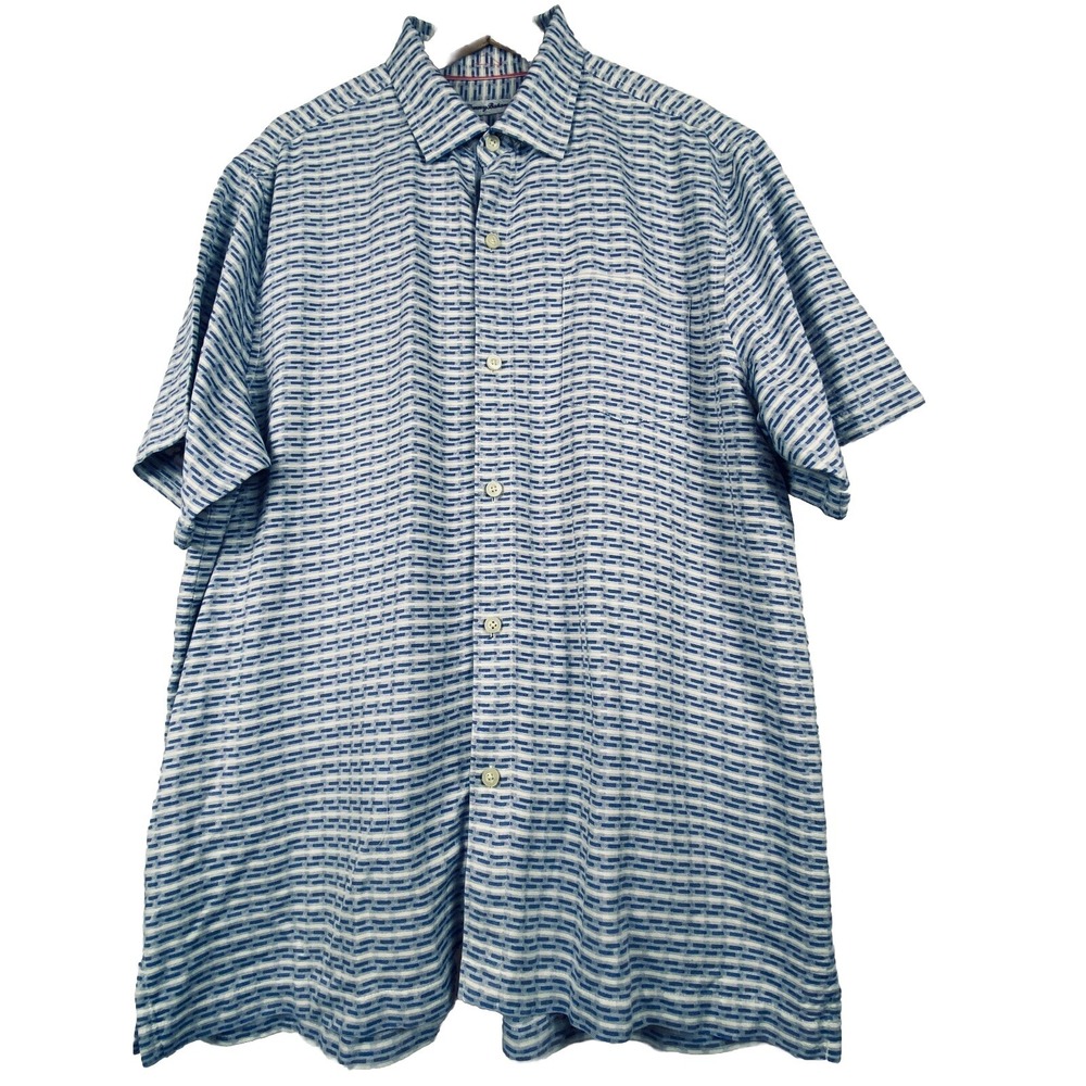 Tommy Bahama Men's 100% Silk Short Sleeve Button Down Shirt Sz XL blue Geometric